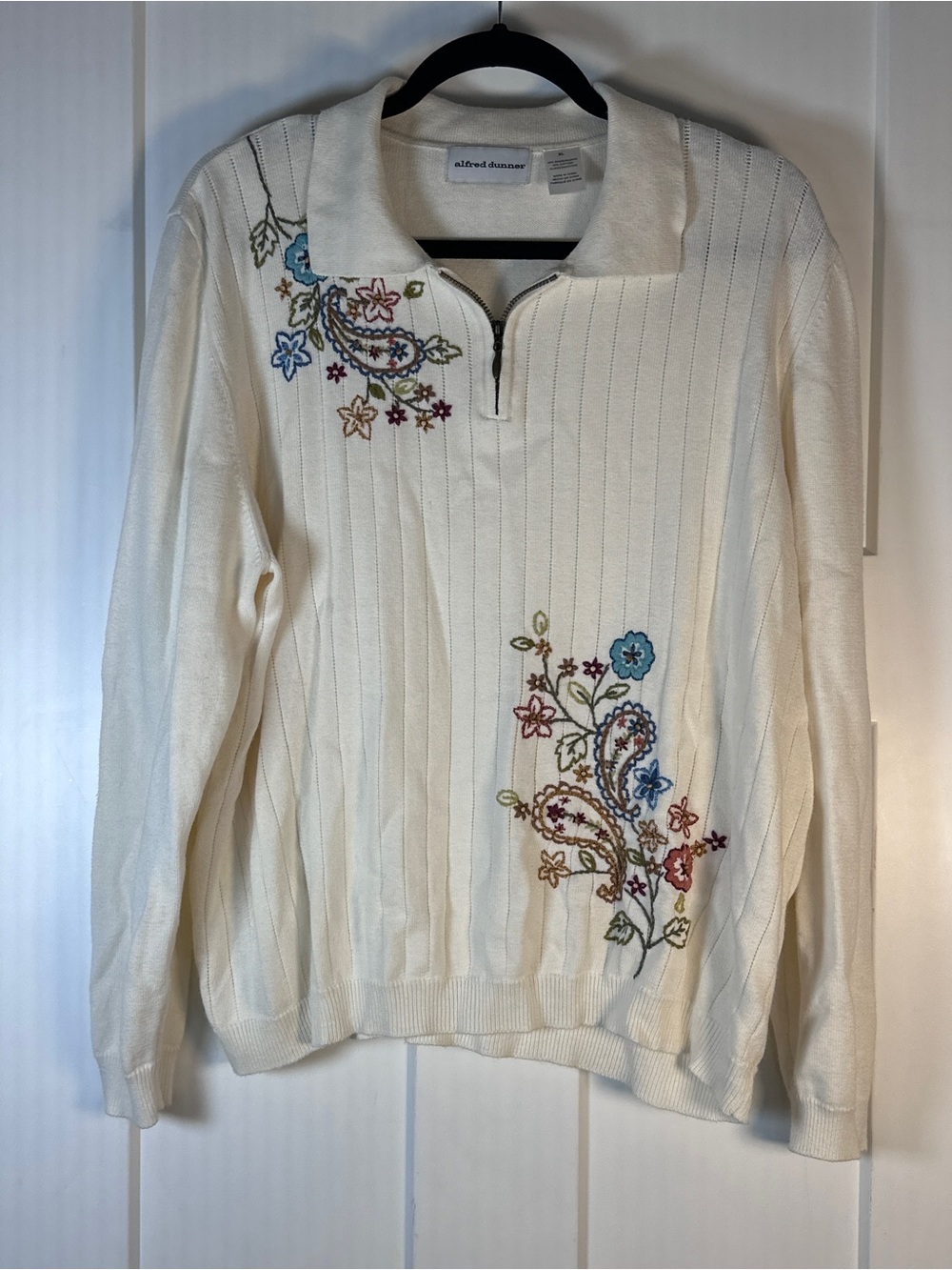 Alfred Dunner Cream Ribbed Half-Zip Sweater with Floral Embroidery